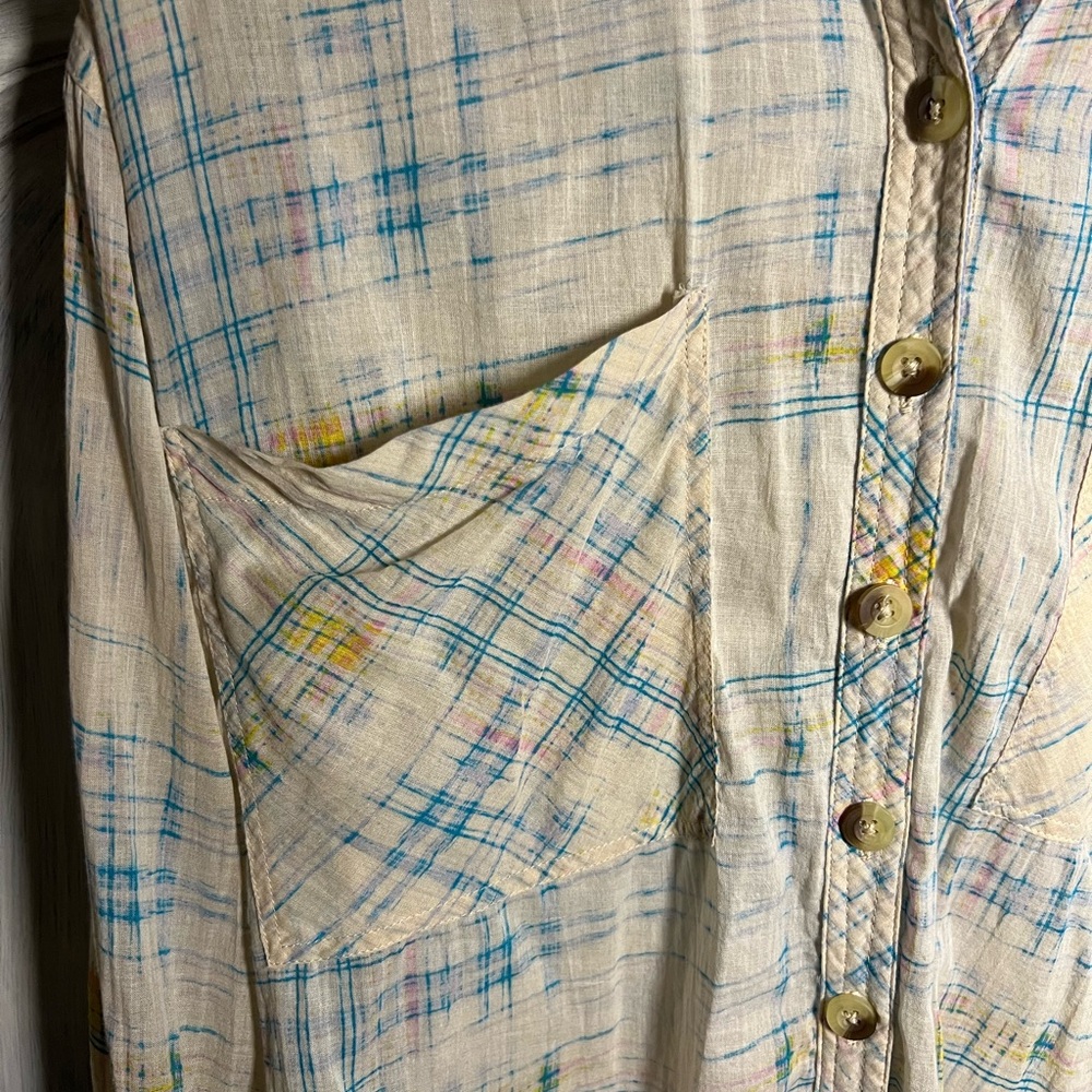 Free People‎ Shore Vibes Relaxed Lightweight Plaid Button Down Boyfriend Ivory - Picture 8 of 11